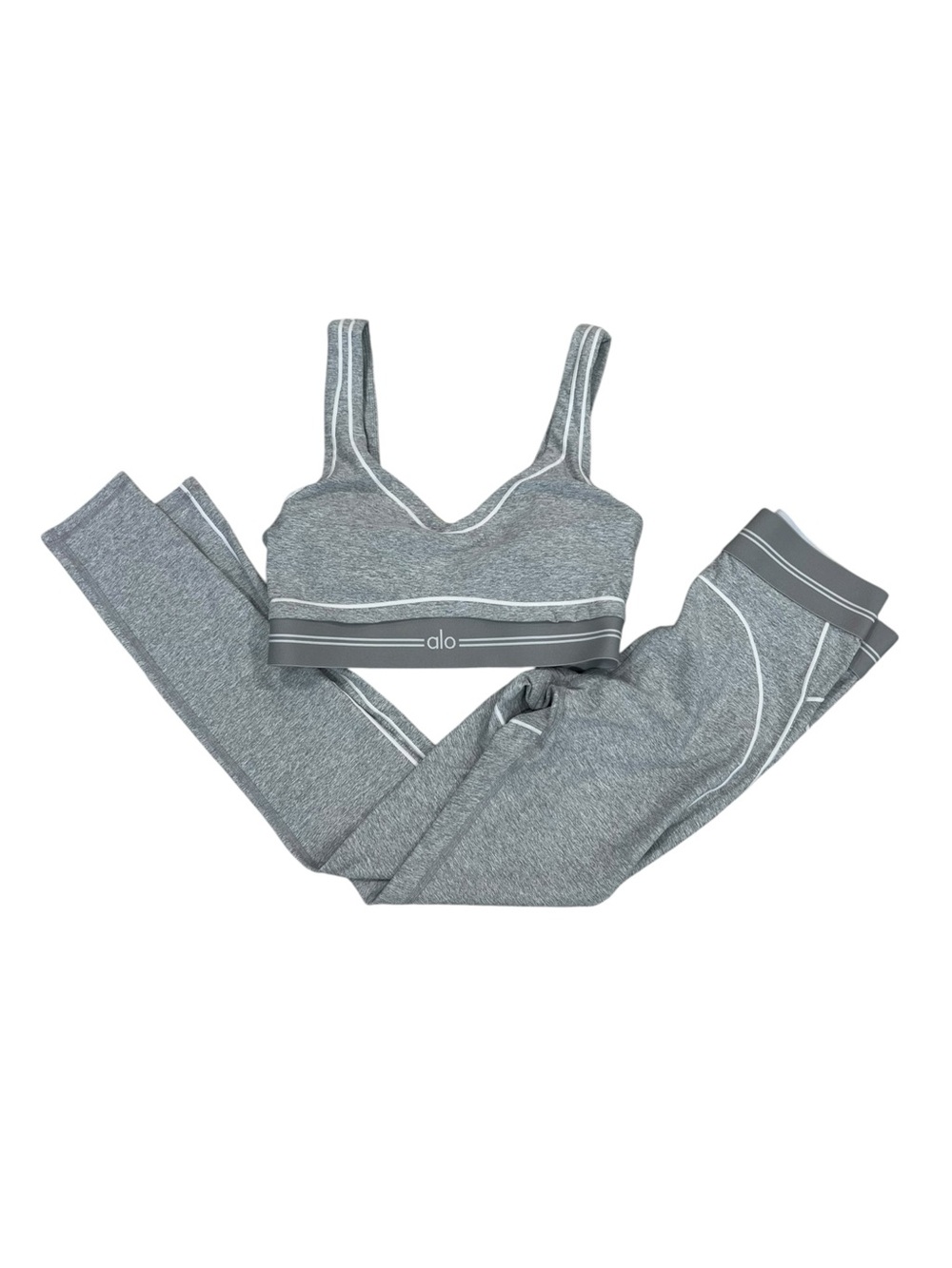 Alo Yoga Grey Heather Contrast Piping Sports Bra & Leggings Matching Set S